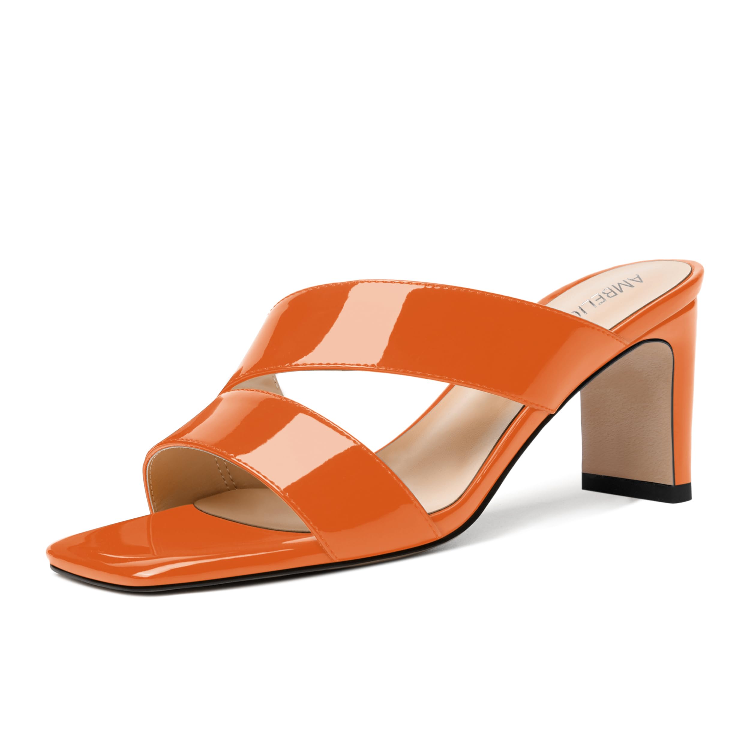 AMBELIGHT Womens Patent Night Club Dress Square Toe Slip On Block Mid Heel Sandals 2.5 Inch