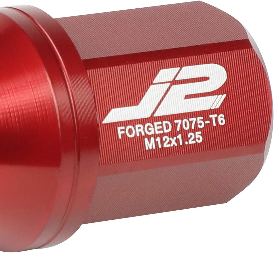 J2 Engineering 20 Pcs 7075 Aluminum Closed End M12 x 1.25 Lug Nuts Set w/Socket Adapter, Red, Fit Conical Seat, LN-T7-006-125-RD
