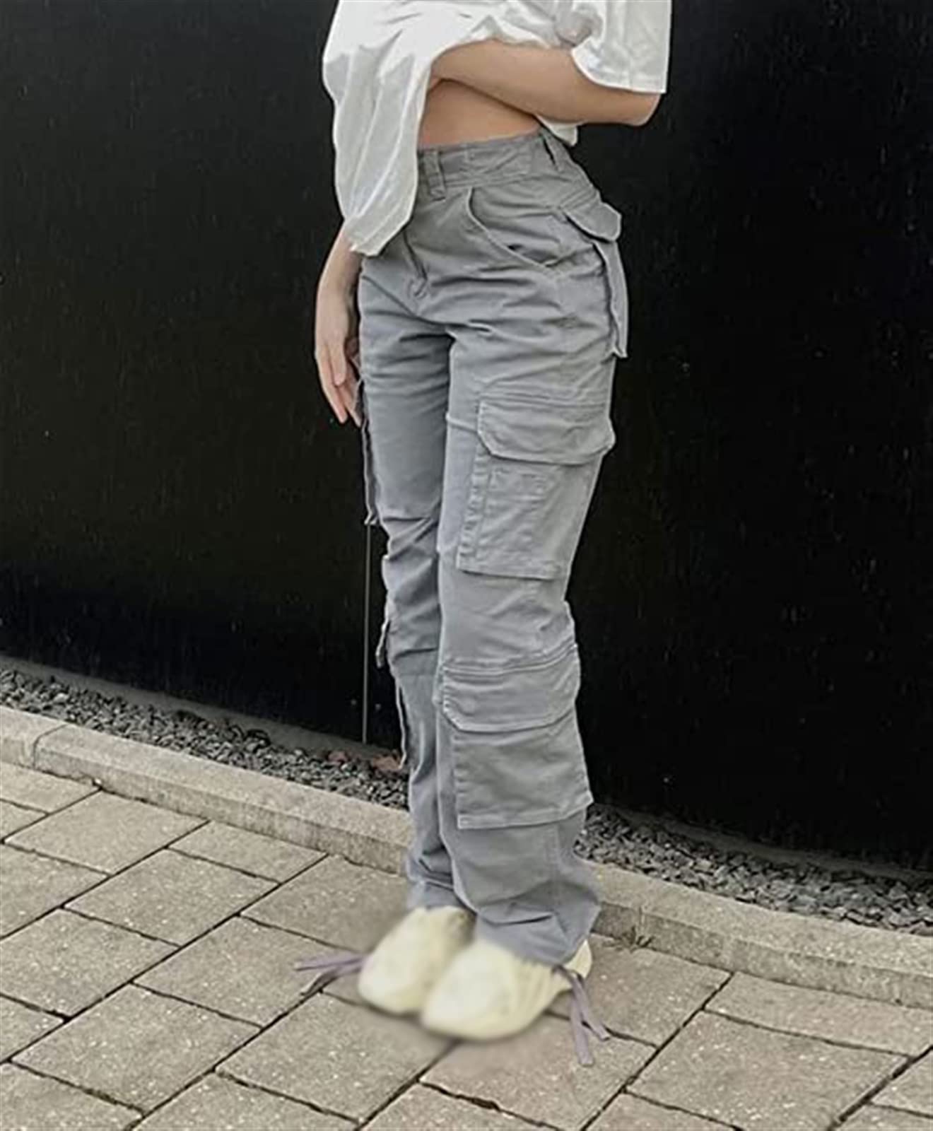 Damen Mädchen Cargohose Y2K Baggy Hohe Taille Cargo Hose Gerade Weites Bein Baggy Jeans Y2K Gothic Denim Hose Streetwear mit Taschen