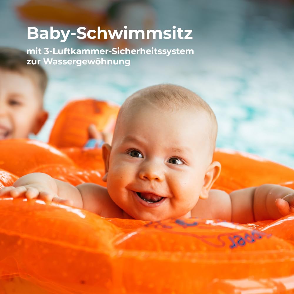 Flipper SwimSafe 1040 - Schwimmsitz für Babys ab 3 Monaten, Schwimmhilfe mit 3 Luftkammern und ohne Gurte, Durchmesser ca. 62 cm, Orange