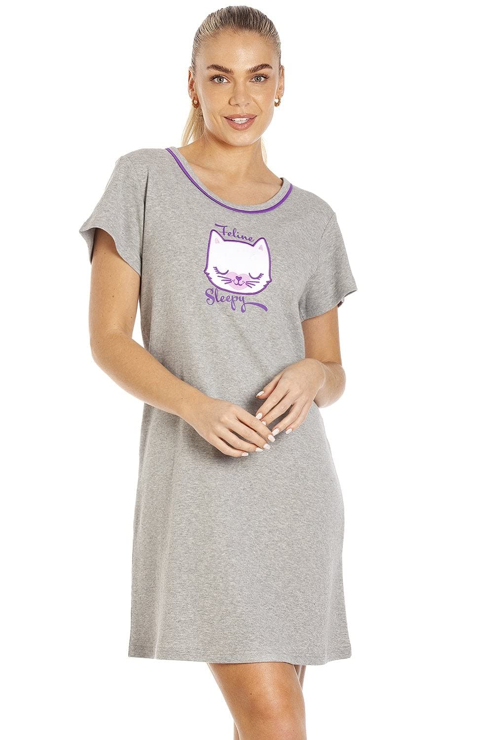 Camille Women's Light Grey 100% Cotton Short Sleeved Pug Dog Or Cat Nightdress - Knee Length Nighties For For Your Summer Nightwear 16-18