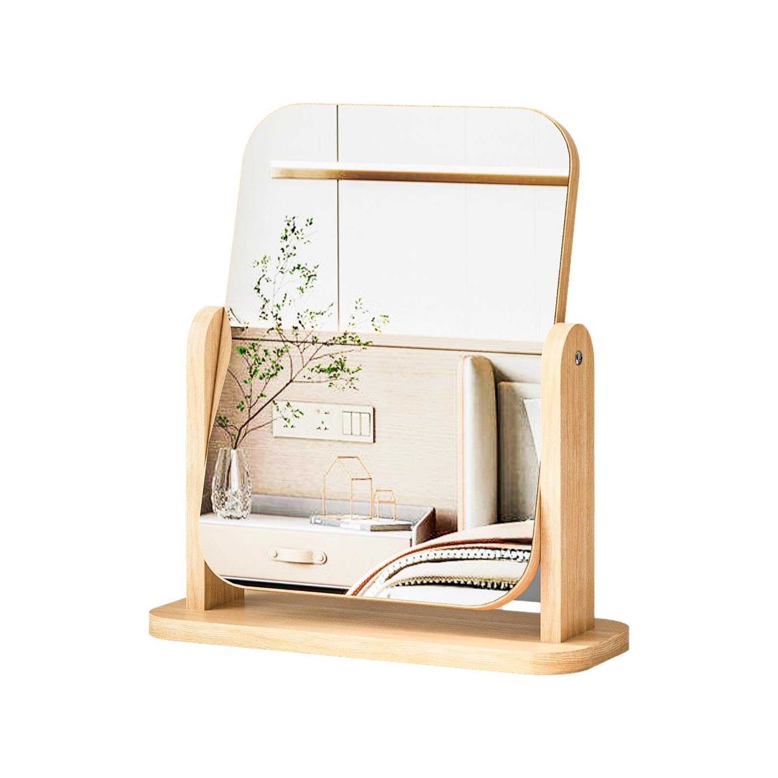 Wooden Makeup Mirror, Rectangular, 360° Rotating, Portable, Desktop, Home Large Rotating-image-18