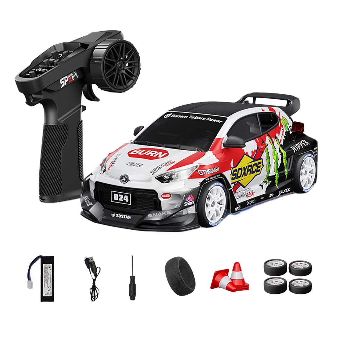 NULA 1:24 RC Drift Car, D24 RTR Full Proportional 4WD High Speed Remote Control Car with Gyro, Dual Drift Racing Tires, LED Light Effects for Adults- (S5 White Finish / D24-04)