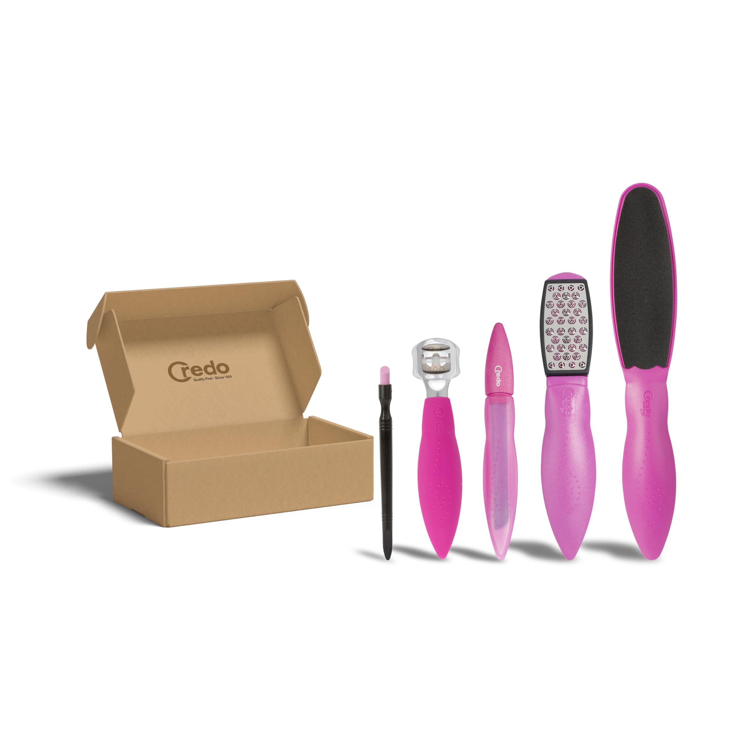 Credo PopArt Advanced Care Bundle Fußpflege Set | mit SmartCutter, Safety Hornhauthobel, DuoSoft, Keramiknagelfeile & Keramik-Nagelhautentferner | Fuß- und Nagelpflege im farbigen Design (Pink)