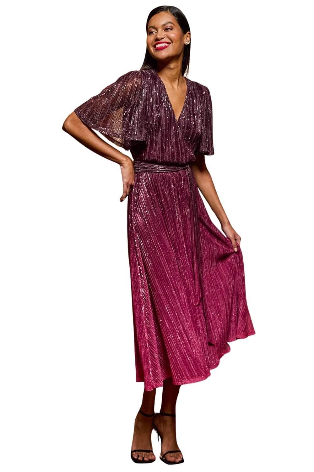 Roman Originals Shimmer Plisse Wrap Dress for Women UK - Ladies Everyday Holiday Spring Summer V-Neckline Comfy Soft Evening Vacation Work Party - Wine - Size 12