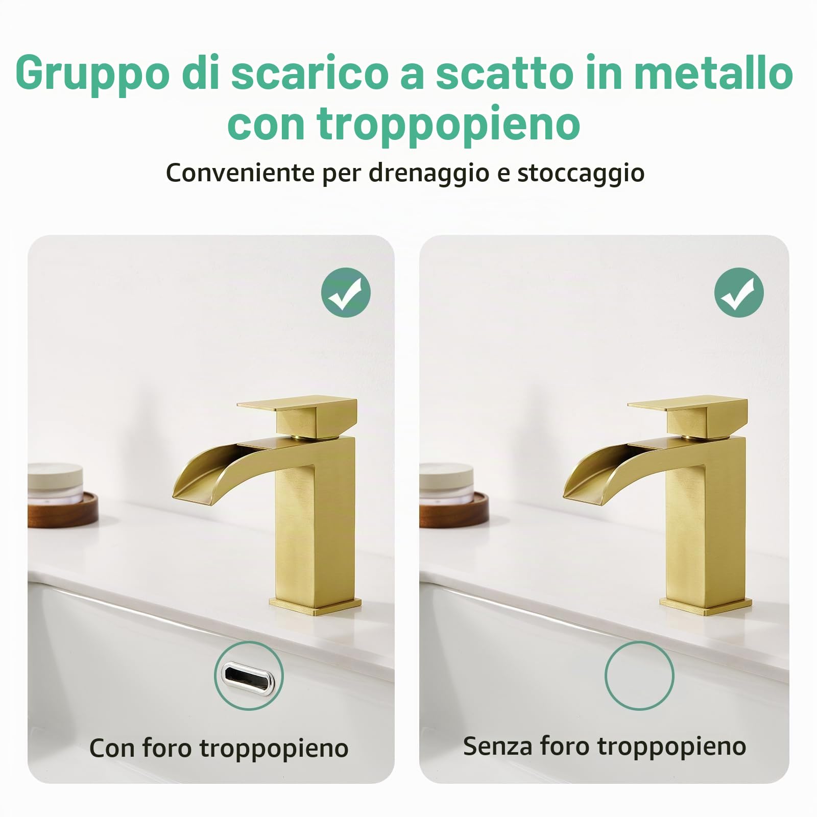 Faustina Rubinetto per Lavabo da Bagno Cascata e Piletta Pop Up con Troppopieno, Miscelatore Monocomando per Bagno Quadrato, oro