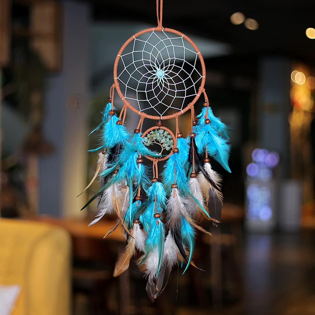 Acchiappasogni Con Piume Blu E Turchese – Diametro 16 Cm, Lungo 60 Cm, Stile Boho