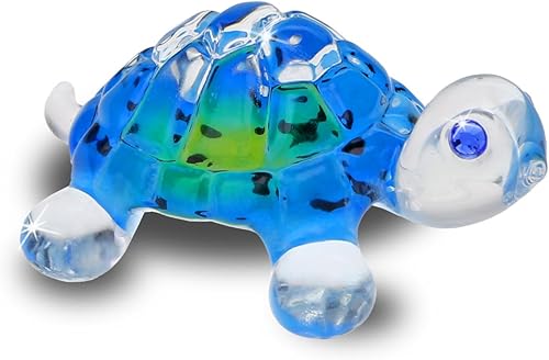 Glass Baron Figura de cristal de tortuga azul brillante, soplada a mano y esculpida con detalles de cristal austriaco, adorno coleccionable para