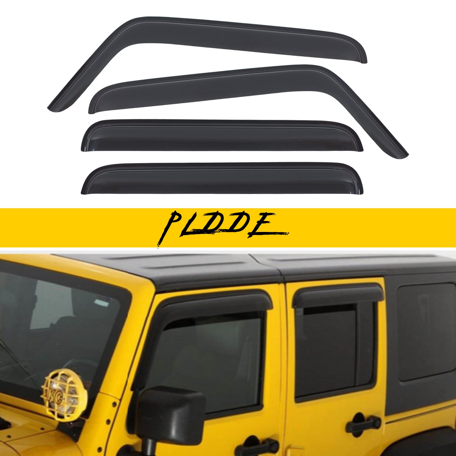PLDDE 4 pcs Compatible with 07-18 Jeep Wrangler JK 4-Door Front+Rear Sun/Rain Guard Outside Mount Window Visors