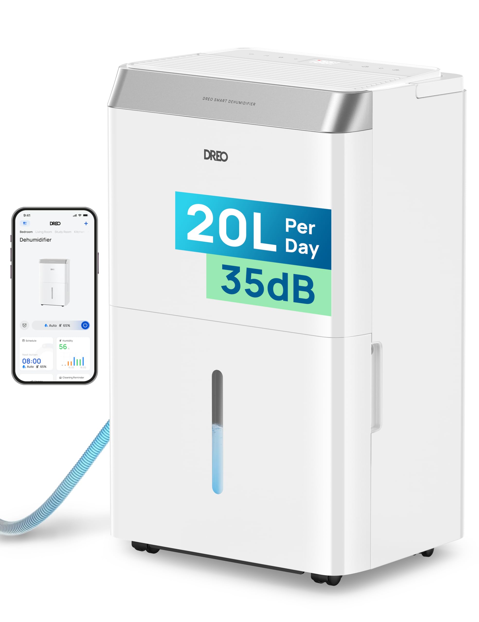 DREO 20L/Day Smart Dehumidifier, Low Energy & 35dB Quiet, Whole House Dehumidifier with Humidity Sensor & Display, 3 Speeds, Auto Humidity Control, Laundry Dry for Damp Large Rooms, 24H Timer