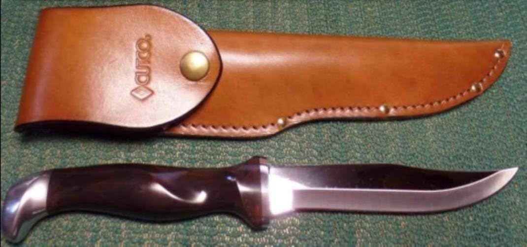Cutco 1769CS Hunting Knife with Leather Sheath Brown Handle Straight Edge Blade