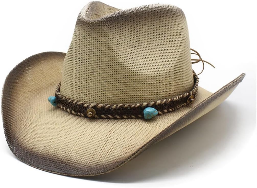 Western Cowboy Hat, Straw Woven, Gray with Brown Leather Band, Decorative Floral Accent