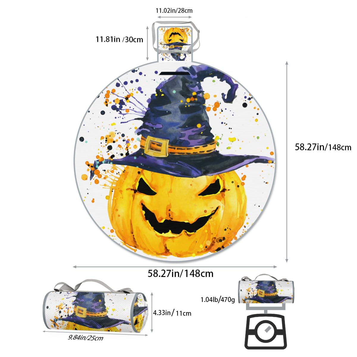 Shimoshe Abstract Art Pumpkin Picnic Outdoor Blanket Foldable Waterproof Sandproof Beach Blanket Portable Water-Resistant Round Picnic Mat for Travel Camping Park Lawn