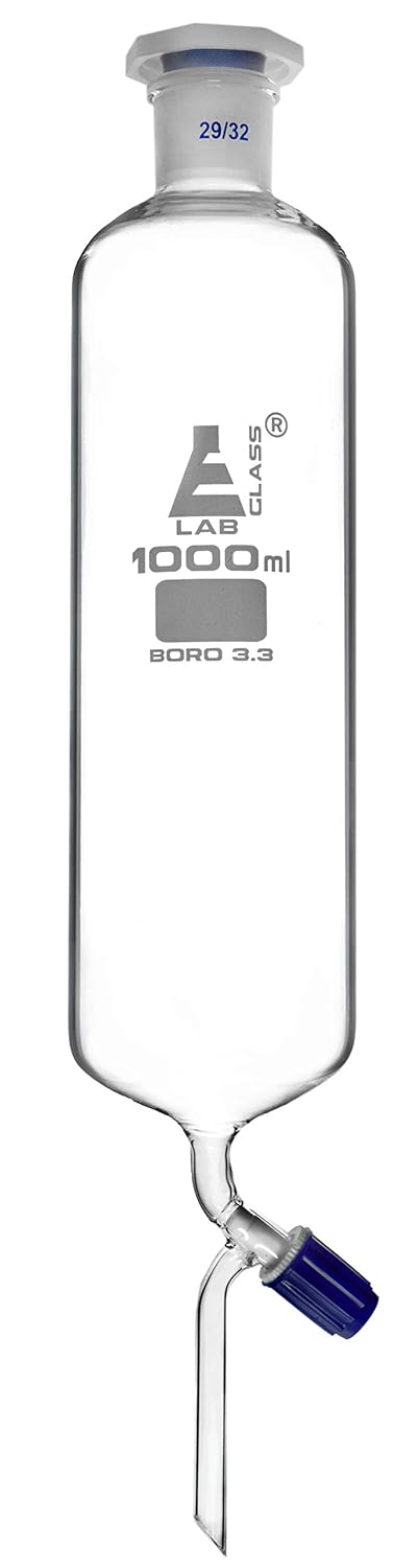 EISCO Dropping Funnel, 1000ml - 29/32 Plastic Stopper - Ungraduated, Screw Type Rotaflow Stopcock - Cylindrical, Borosilicate Glass