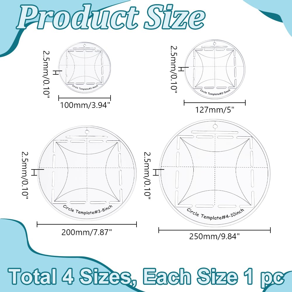 4 plantillas circulares para colchas, 10/12/20/25 cm, regla circular redonda de acrílico transparente, juego de regla de costura redonda, accesorio indispensable para cortar patrones y coser