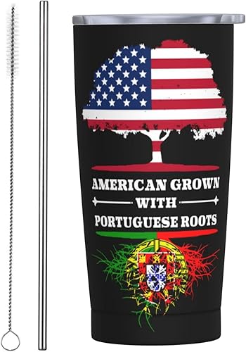 Taza divertida de acero inoxidable con raíces portuguesas, taza de agua de acero inoxidable 304 con pajita, 20 onzas, 20.3 fl oz, adulto, joven,