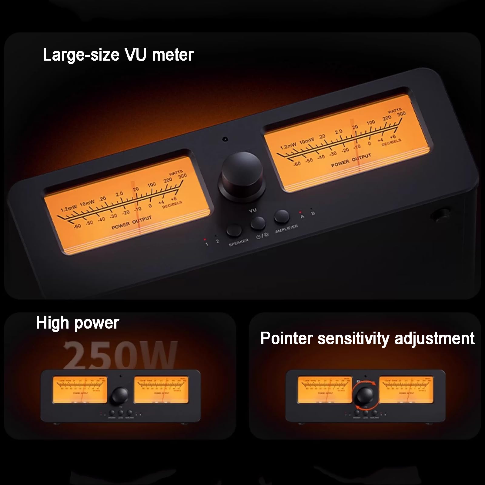 Conmutador de audio, amplificador de 2 vías con medidor dual VU y control remoto para amplificadores estéreo de alta fidelidad y altavoces pasivos