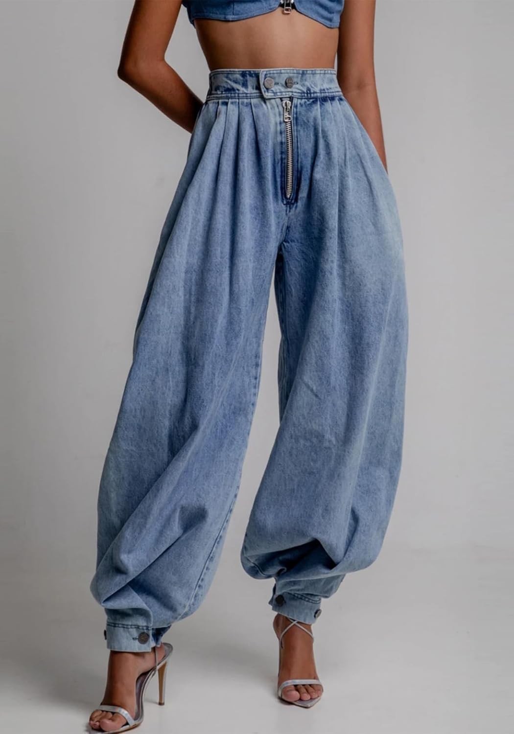 Womens Baggy Harem Jeans Zipper High Waisted Loose Trousers Wide Leg Vintage Balloon Casual Denim Pants - Image 2