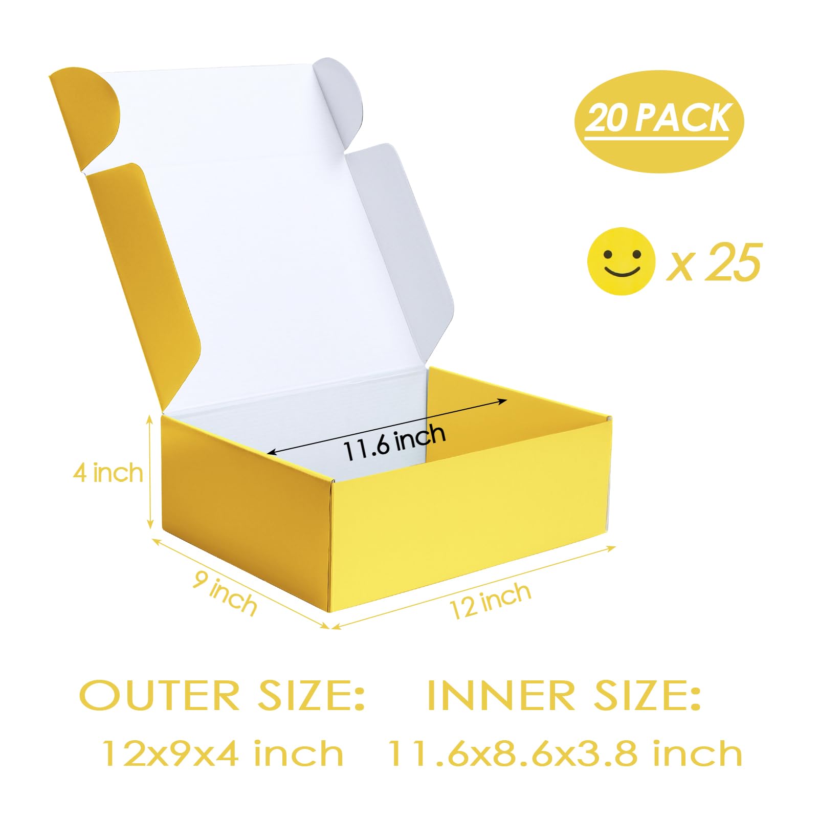 PHAREGE Cajas de envío de regalo de 12 x 9 x 4 pulgadas, paquete de 20 cajas de correo amarillas con pestaña para embalaje de pequeñas empresas, cajas de cartón medianas para envolver regalos