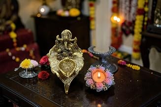 Ganesha Idol with 2 Tea Light Holders Metal Brass Finish Ganpati Murti for Pooja Room, Diwali & Ganesh Chaturthi Decoration, Festive Home Decor & Return Gift (Ganesh_Leaf_Diya)