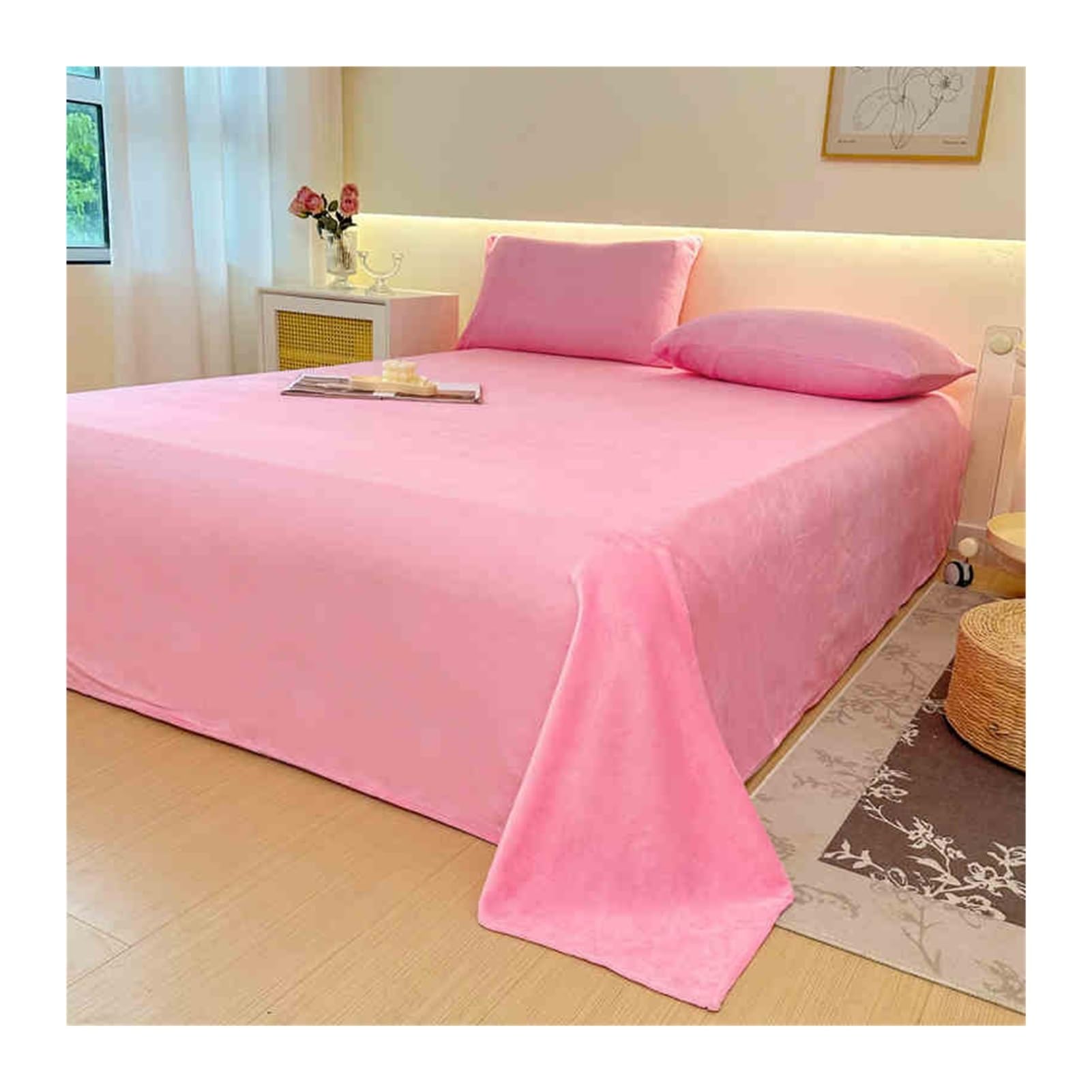 Drap plat polaire flanelle rose 240x250cm pour grand lit 2 personnes