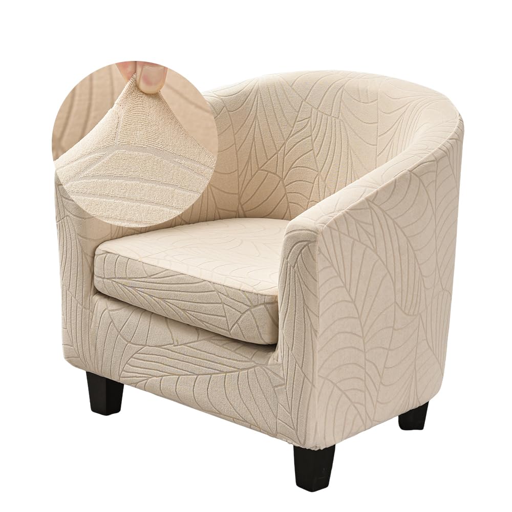 Highdi Tub Chair Cover 2 Piece, Jacquard Bucket Chair Covers Armchair Cover Club Armchair Slipcovers with Seat Cover | Stretch Removable Furniture Protector | Office Bar Reception -Beige