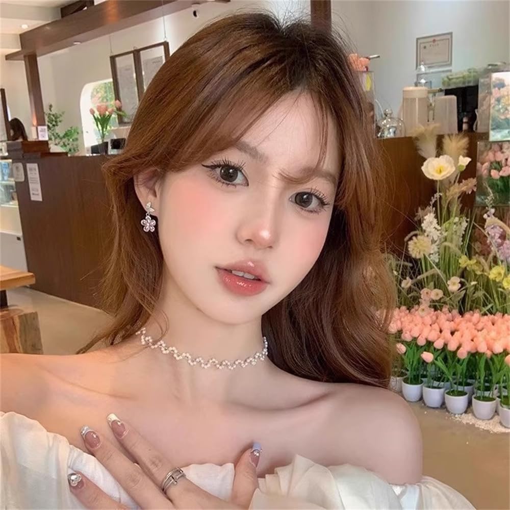 Pink CZ Flower Small Dangle Drop Butterfly Stud Earrings for Women Dainty Cute Silver Plated Crystal Floral Statement Dangling Hypoallergenic Fashion Jewelry - Image 6