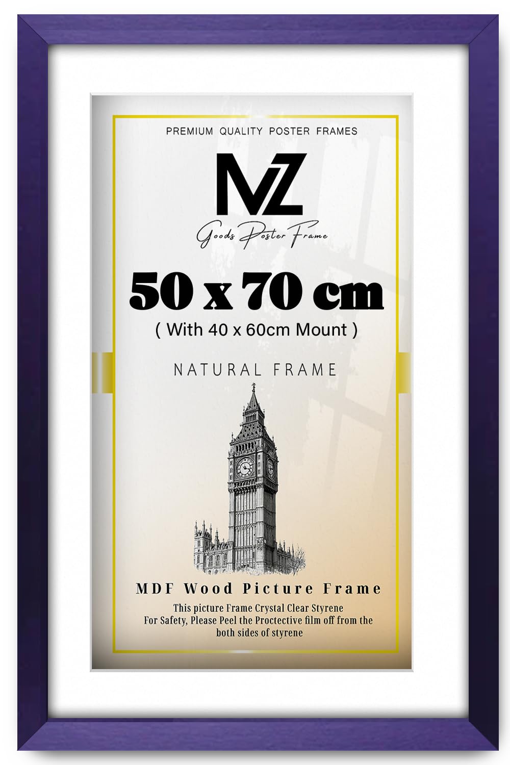 MZ GOODS | MDF Premium Decorative Frame (50 x 70 cm) With (23.62 x 15.74 Inch) White Mount Hanging Display | 20 x 28 Inch Poster, Photo, Diploma, Certificate Frame [ Purple ] — image 1