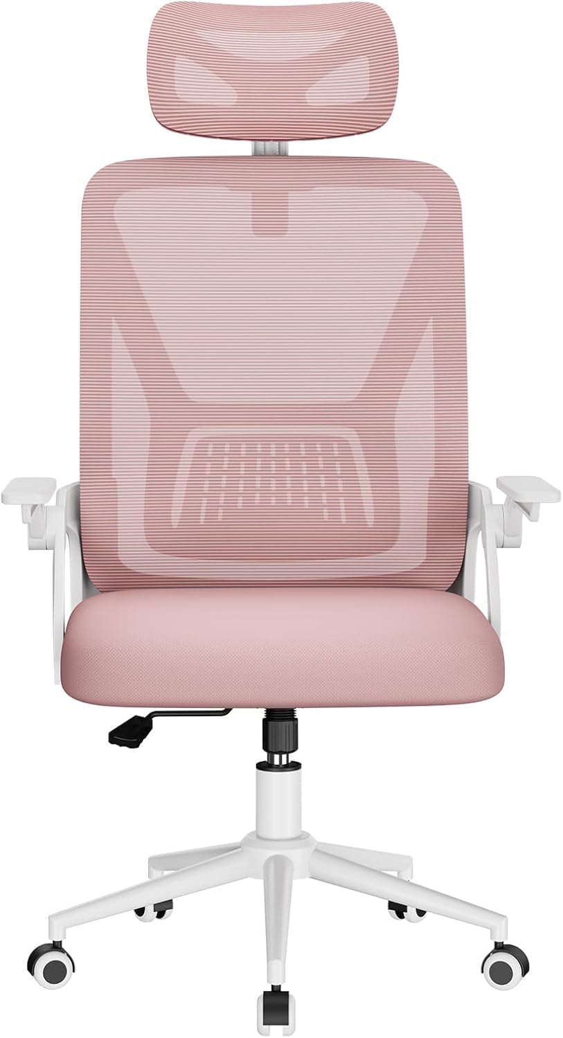naspaluro Ergonomic Office Desk Chair with Lumbar Support/Adjustable Headrest, Comfy Swivel Heavy Duty Computer Study Chairs, Mesh Work PC Chair For Home Office, White & Pink