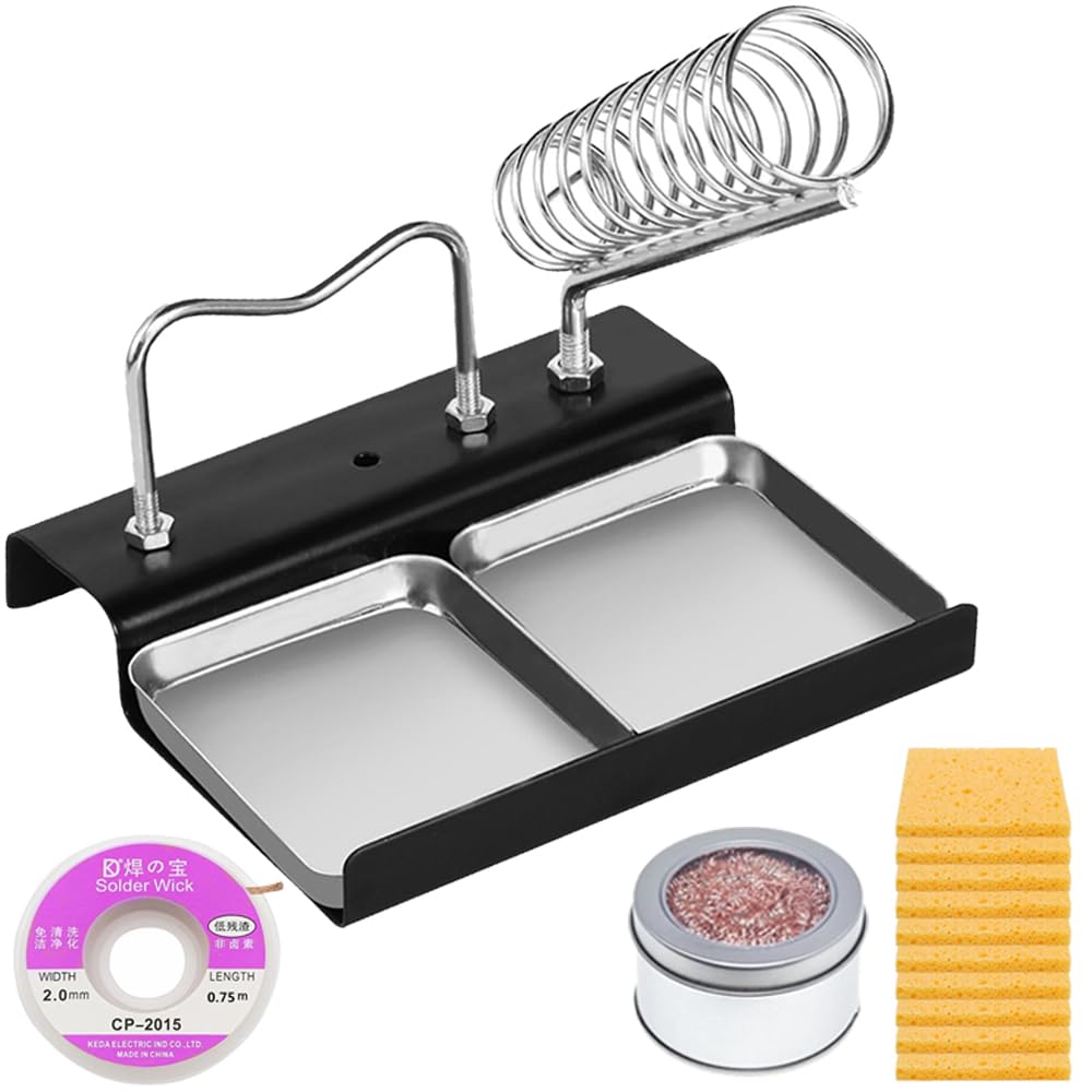 HAAMNING7 Soldering Iron Holder Stand with Spring Holder, Brass Wool Tip Cleaner, Cleaning Sponges and Desoldering Pump, Metal Stand for Electronics Repair and PCB Soldering