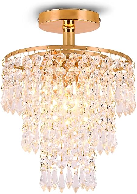 Small Crystal Chandeliers Gold Ceiling Lights Flush Mount Ceiling Lamp Lampshade 3 Tiers Crystal Pendant Lighting for Hallway Bedroom Girl's Room,E26