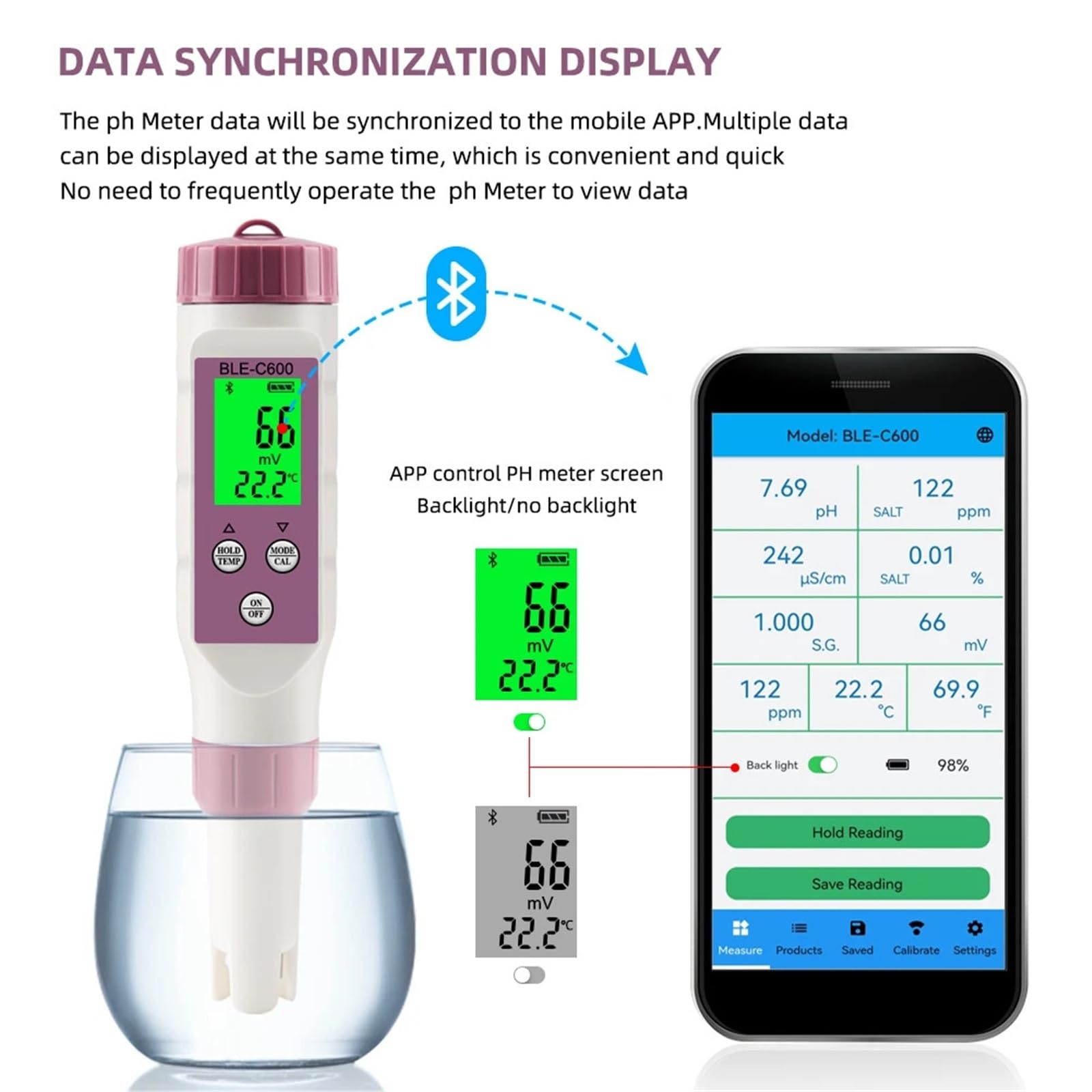 Stylo de qualité l'eau 7 en 1, testeur pH, EC, TDS, ORP, SEL, SG, TEMP, application, contrôle intelligent, Analyse de qualité instantanée