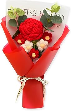 Crochet Yarn Flower Bouquet with Gift Box, Handmade Knitted Flowers for Graduation, Birthday, Mothers Day, Multiple Styles & Colors D