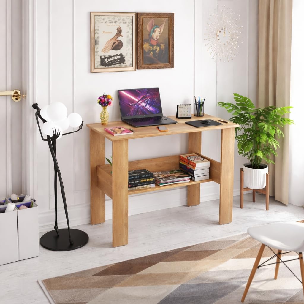 SPYDER CRAFT Modern Specio Engineered Wood Study Table with Storage Shelf | Clean Minimalist Computer Desk for Home, Office, & Bedroom | Durable & Easy to Clean (Oak) (Assembly_DIY)
