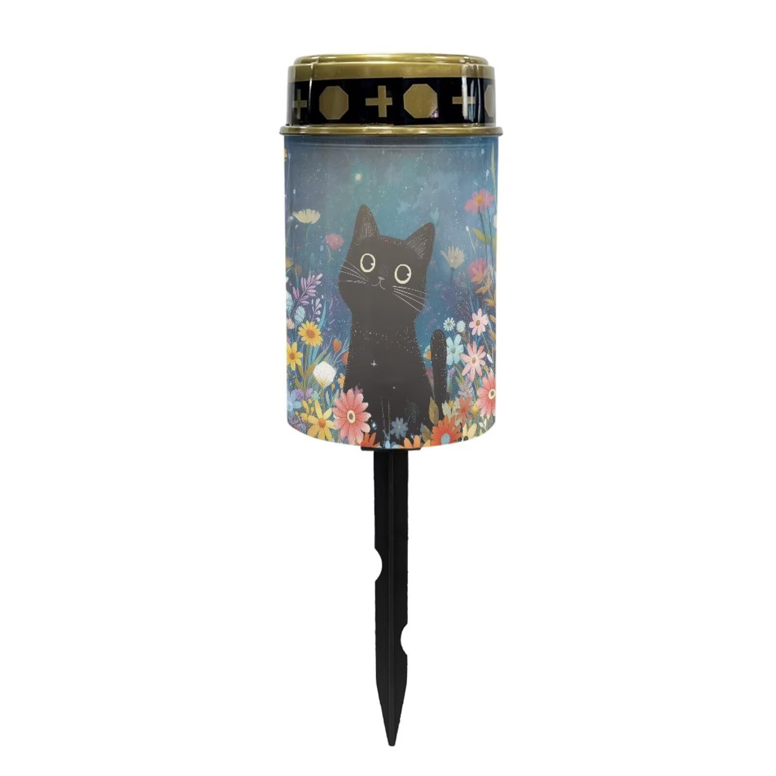 Outdoor Solar Lights, Cat and Flowers Print Waterproof Garden Lamp Flameless Candle Automatically Solar Path Light for Yard Cemetery Grave Walkway