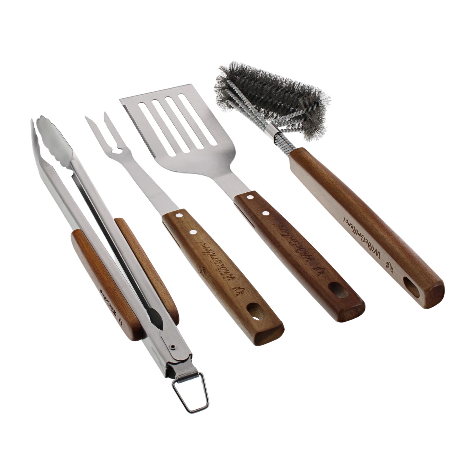 Lot de 4 ustensiles de barbecue en acier inoxydable - Avec poignées en bois et œillets de suspension - Accessoires de barbecue comprenant une pince à barbecue, une brosse à barbecue,