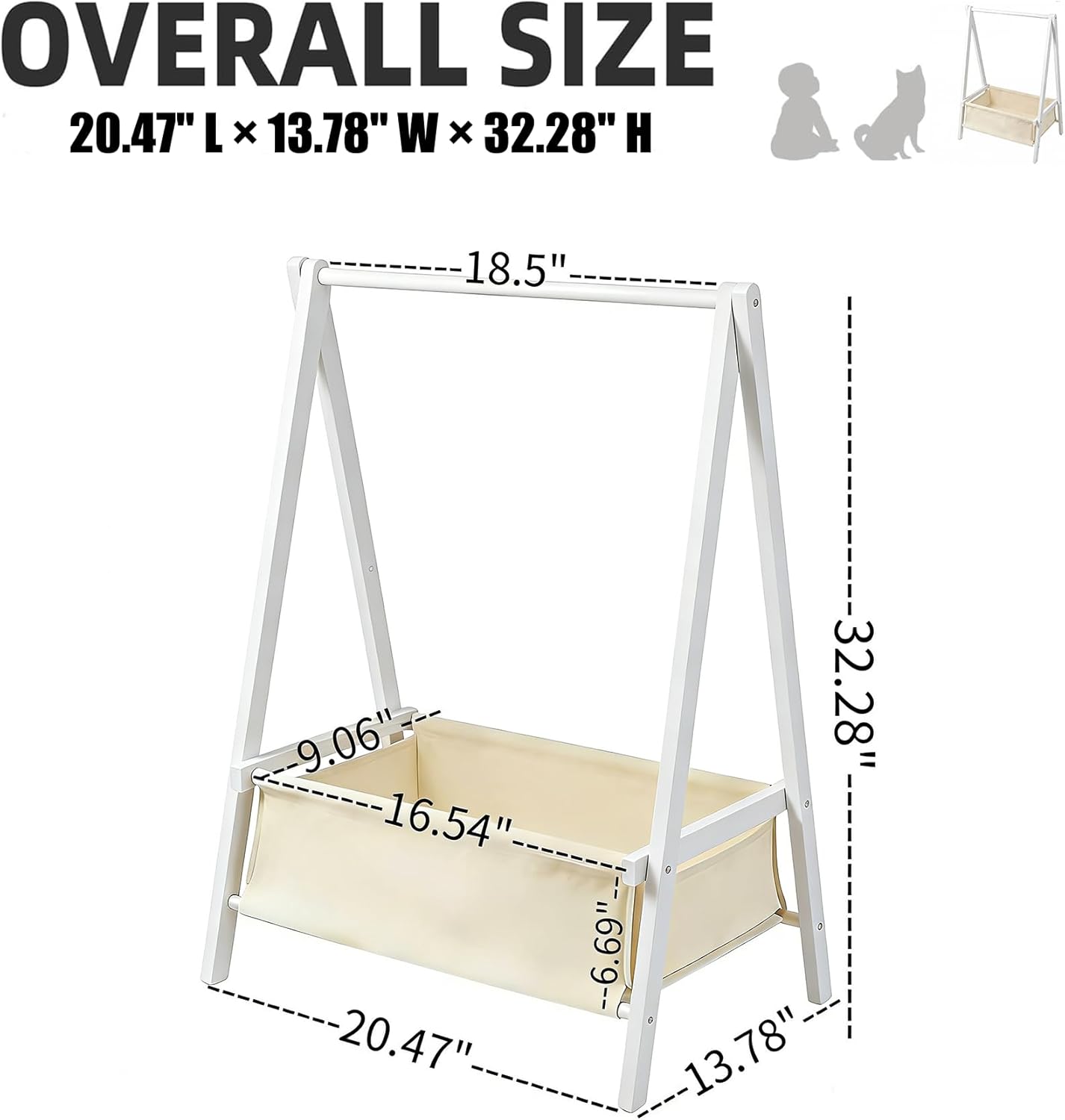 Baby Clothing Rack for Baby Shower, Pets Clothes Rack with Storage Box & Hanging Rod for Dogs/Cats, Mini Dolls Closet Rack, Bamboo Baby Shower Rack for Nursery Room (White)