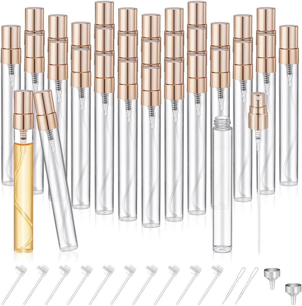 AHANDMAKER 75pcs 10ml Mini Spray Bottle Clear Glass Refillable Perfume Atomizer Travel Size Empty Sprayer with Funnel for Essential Oil Holiday Gift (Gold Cap)