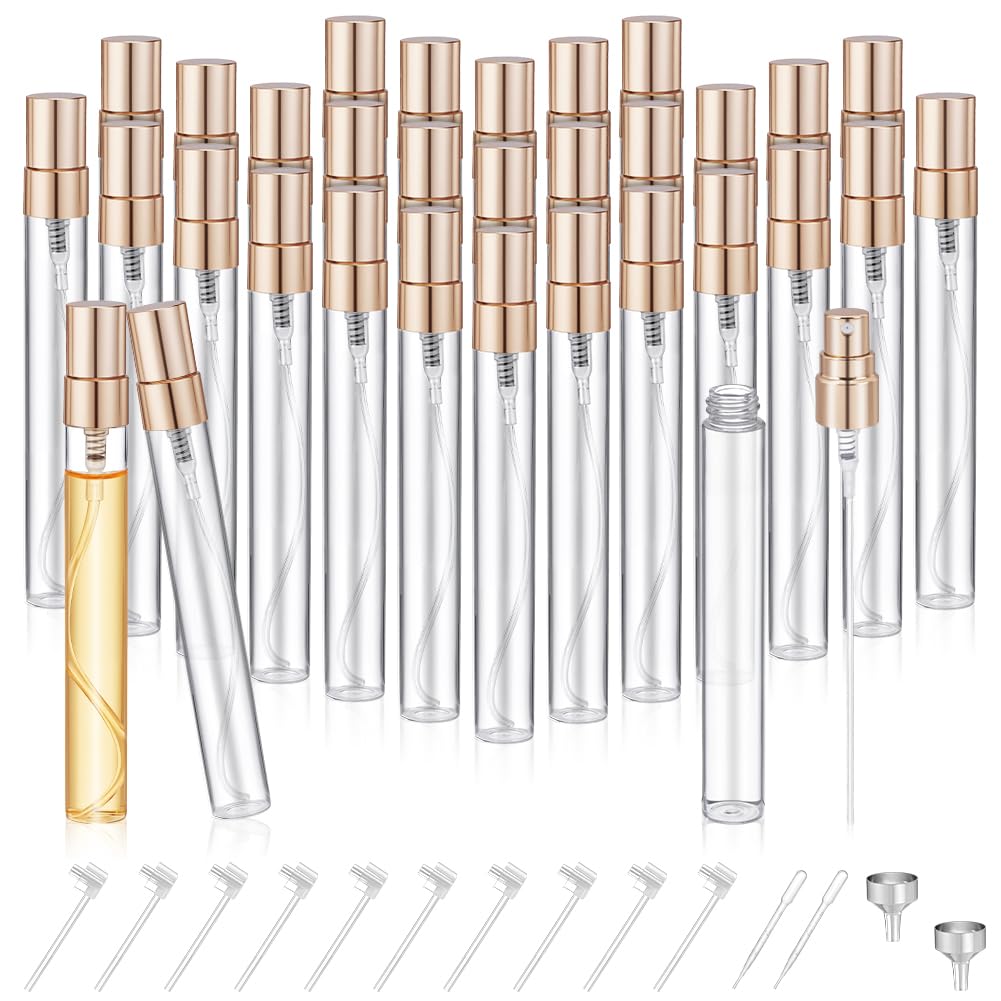 AHANDMAKER 75 mini flaconi spray da 10 ml, in vetro trasparente, ricaricabili, da viaggio, con imbuto, per oli essenziali, regalo (tappo dorato)
