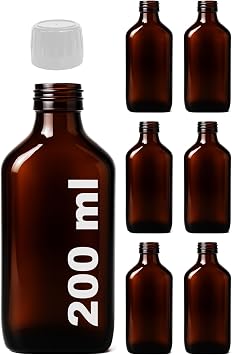 Afracam Amber Ecza  i esi, 200 ml, Kahverengi Cam, Plastik Contal  Kilit Kapak, Hava ve S v  S zd rmaz, 28mm A z  apl , Parf m Demlemek  in Uygun, 6 Adet 200 ml Yass , Beyaz Kapak