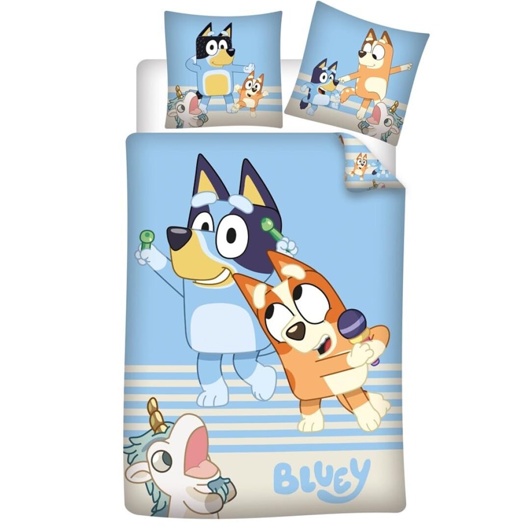 Bluey y Bingo Funda Nórdica Cama 90 140x200 + Funda Almohada 65x65 Botones | Ropa de cama reversible | Algodón natural transpirable Oeko-Tex | Licencia oficial | Cierre botones | 3-8 | Idea regalo