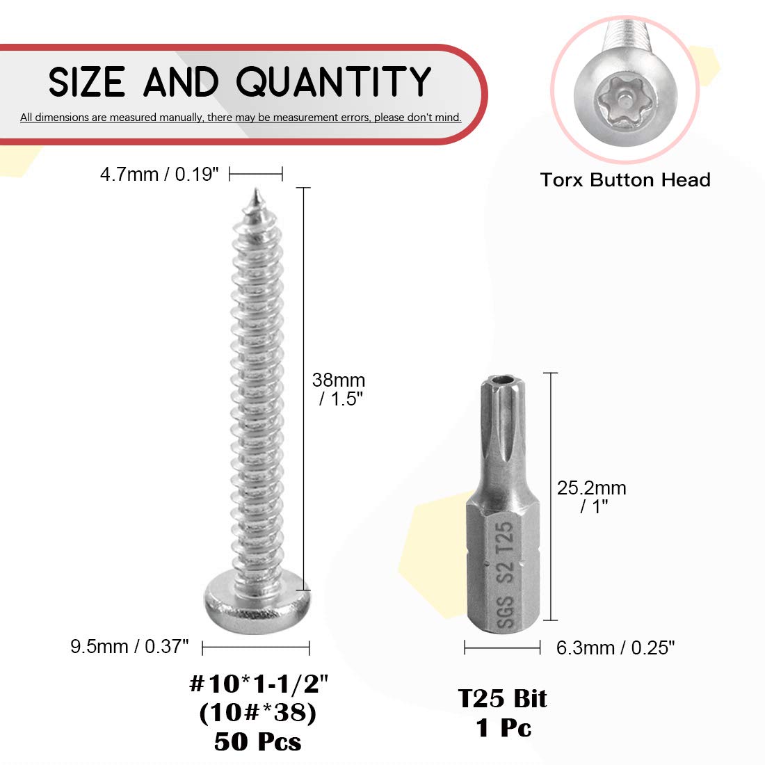 Hilitchi 50 Pcs M5x38mm Stainless Steel Button Head Torx Sheet Metal Screws Security Silver Screws Anti-Theft Tamper Proof with Bit T25 - Image 2