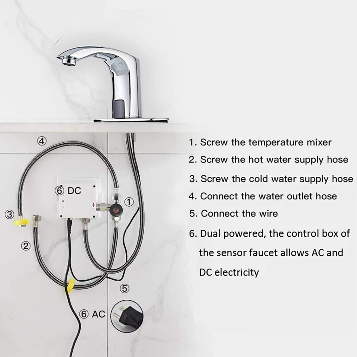 Grifo automático sin contacto con sensor infrarrojo - Grifo para lavabo de baño cromado, grifo para bañera, lavabo, tocador, grifo mezclador comercial de latón de un solo mando y un orificio con des