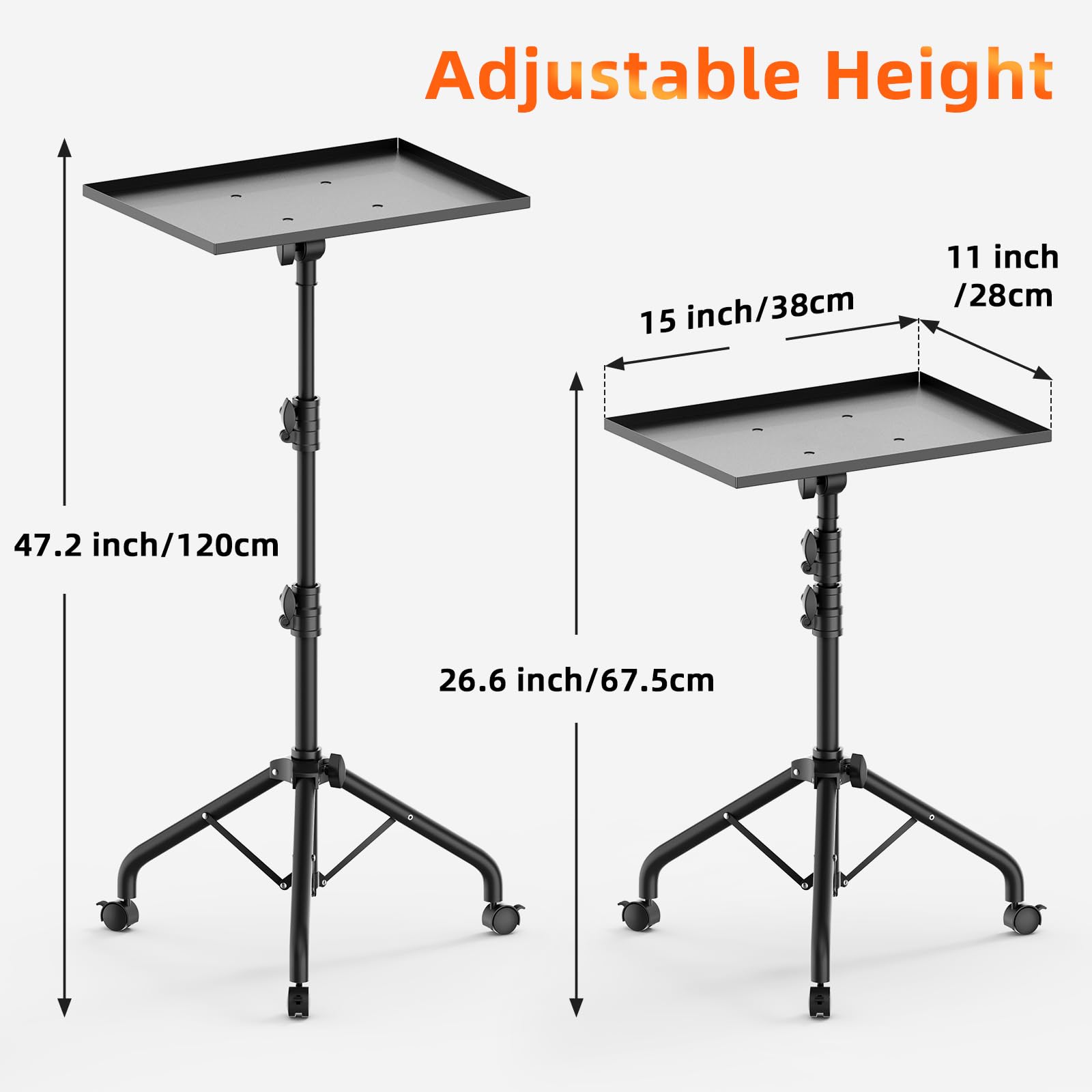 Trépied pour vidéoprojecteur réglable en hauteur de 73 à 120 cm, support de projecteur mobile en métal avec roues verrouillables – Pour home cinéma, entreprise et extérieur