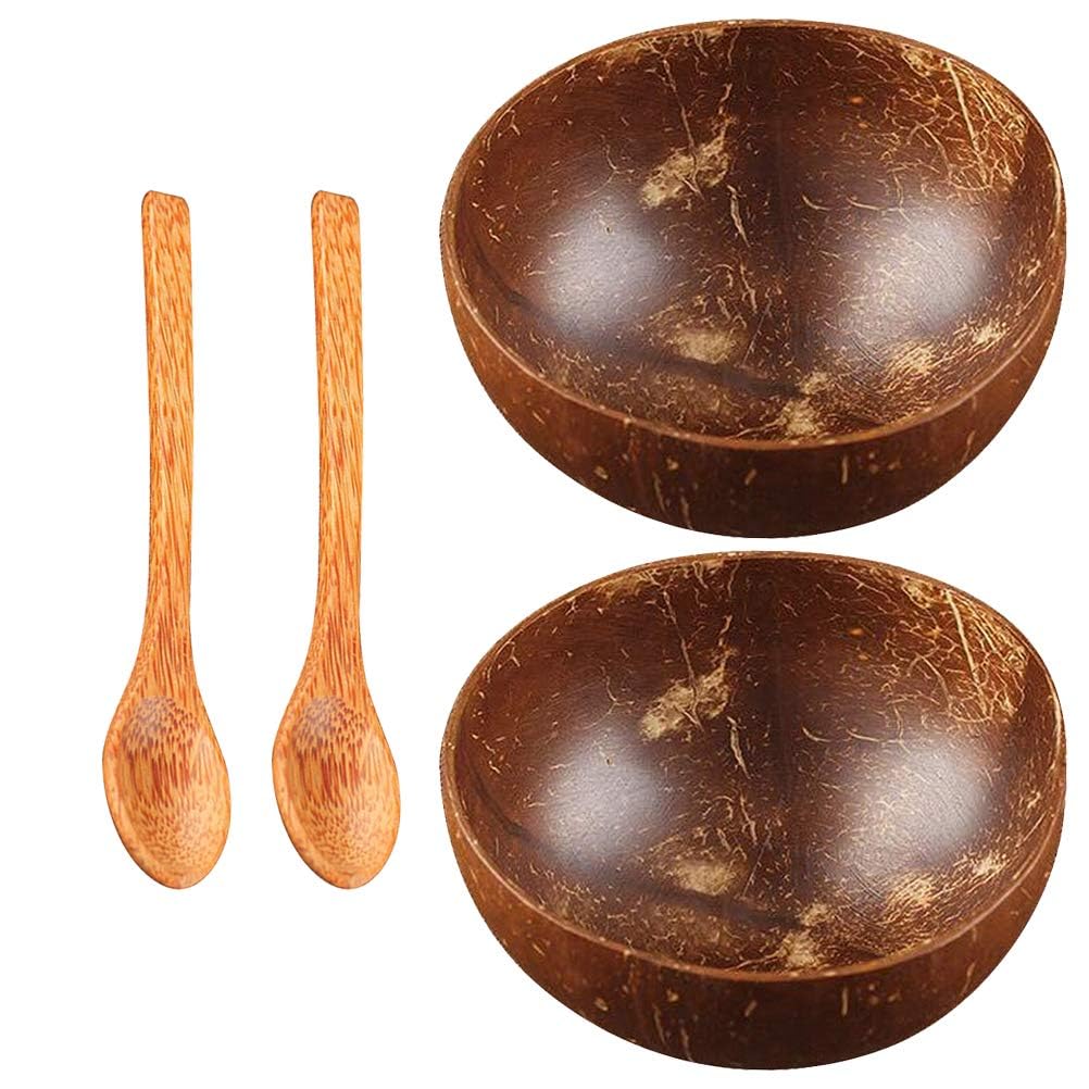 Benting Coconut Bowl & Wooden Spoons Set, Eco Friendly Kitchen Decor, Acai/Smoothie Bowls Salad Bowls - Birthday Gifts for Women，Vegan Gifts Kitchen Serving (2 Sets)