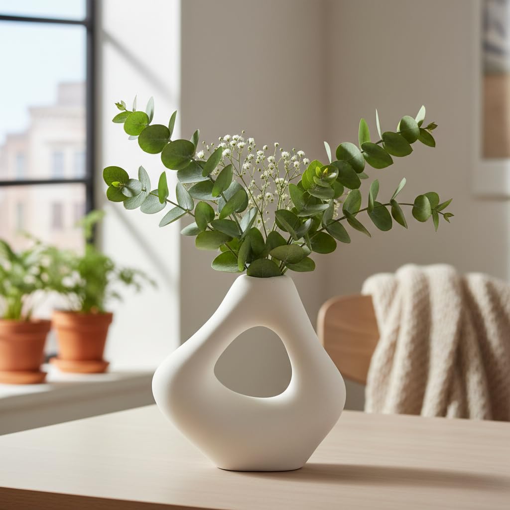 PUREZENTO 'Geometric Donut' White Ceramic Vase - 6 Inch (Paack of 1) | Decorative Flower Vase for Modern Home Decor, Living Room & Office | Vases for Pampas Grass, Fresh, Dried & Artificial Flowers