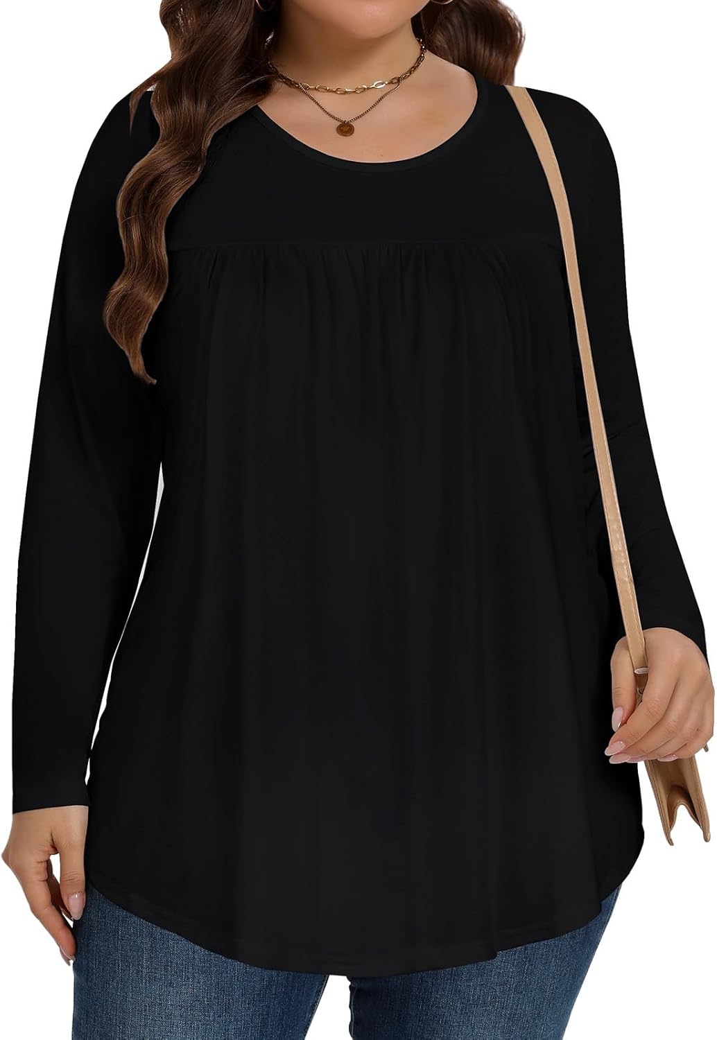 JOELLYUS Plus Size Tops for Women Fall Long Sleeve Shirts Casual Crew Neck Pleated Tunic Blouse Winter - Image 3