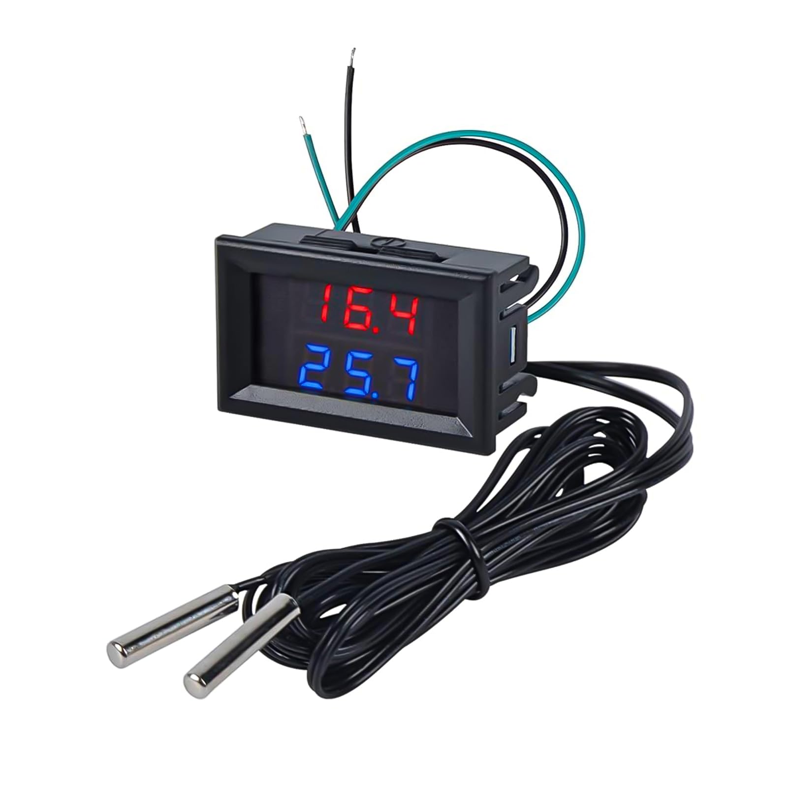 Termometro digitale a LED doppio display con 2 sonde impermeabili DC 4-28V -55°C a +120°C per acquario frigorifero incubatore