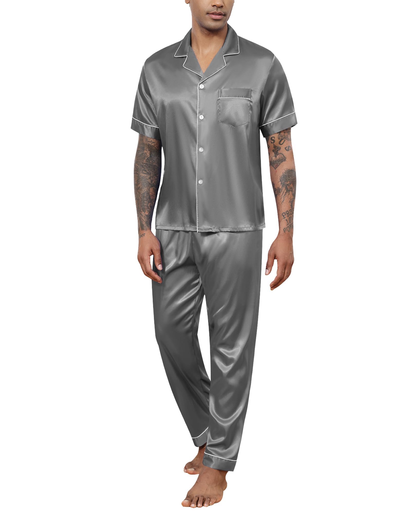 Reliwel Schlafanzug Herren Lang Satin Pyjama Set Zweiteiliger Langarm Ärmel Knopfleiste Hausanzug und Pyjamahose Seidenpyjama Nachtwäsche Männer Hausanzug Sleepwear Loungewear