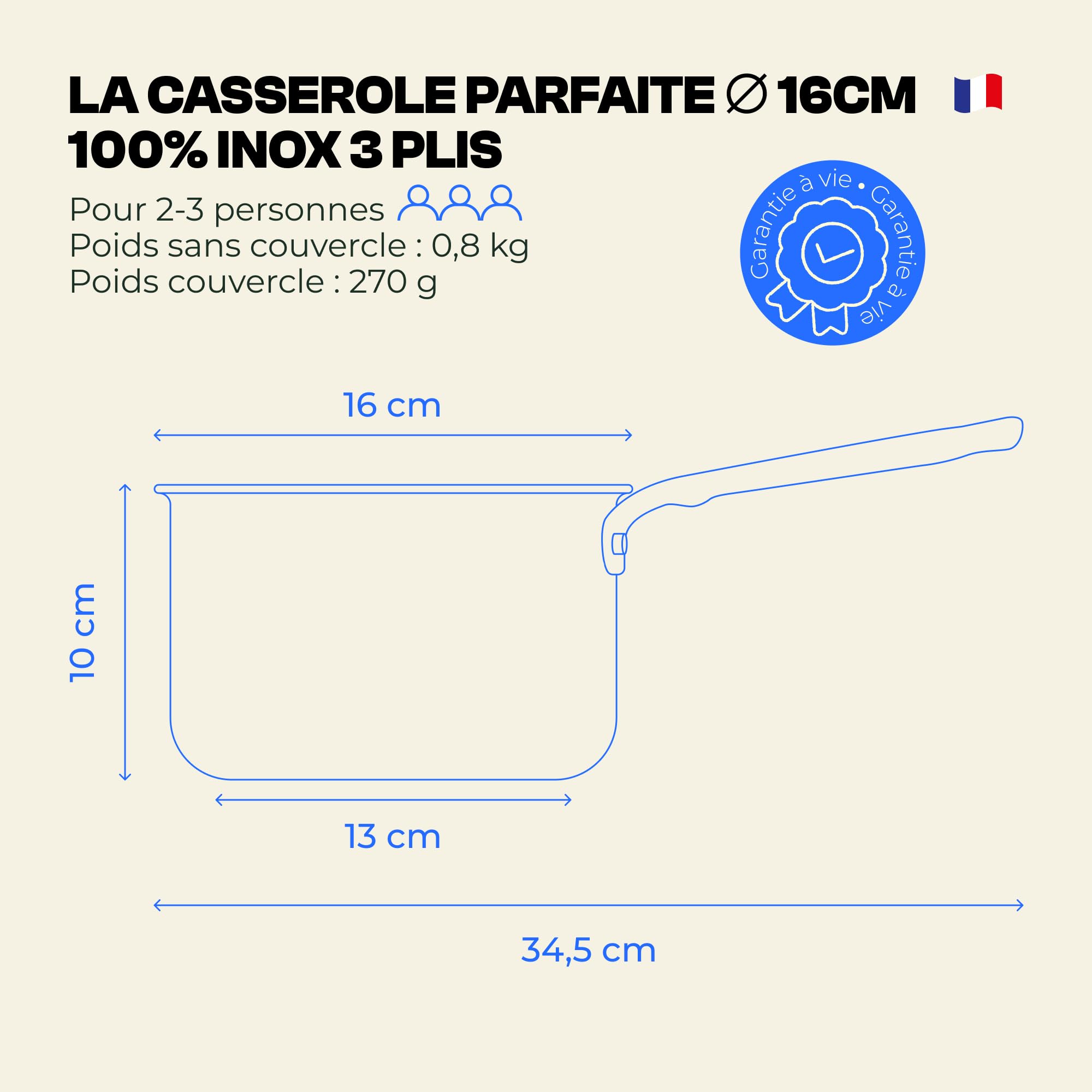 Atma – Casserole Inox 3 Plis 16 cm avec Couvercle – Cuisson Homogène – Sans PFAS, PFOA, PTFE – Graduation Intérieure, Bords Verseurs – Tous Feux dont Induction – Fabriquée en France – Garantie à Vie
